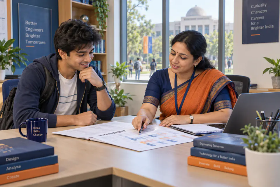 An engineering student reviewing academic credits and a course plan with an adviser
